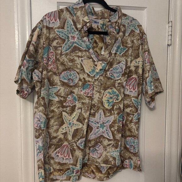 Vintage Reyn Spooner Hawaiian tan starfish seashell print shirt L - Picture 1 of 3